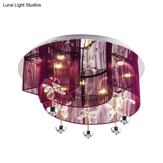 Modern Led Flushmount Ceiling Light With Crystal Decor - Red/Silver Fabric Crescent And Star Design