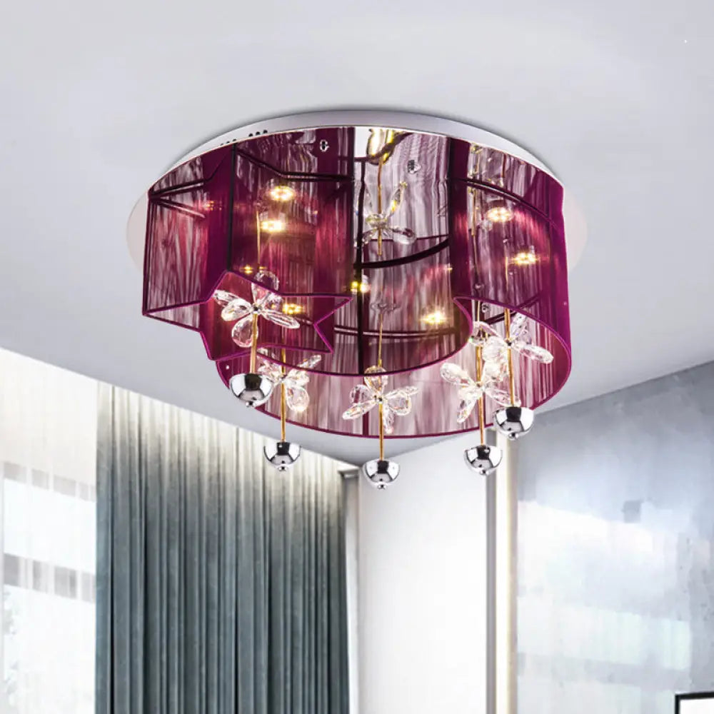 Modern Led Flushmount Ceiling Light With Crystal Decor - Red/Silver Fabric Crescent And Star Design