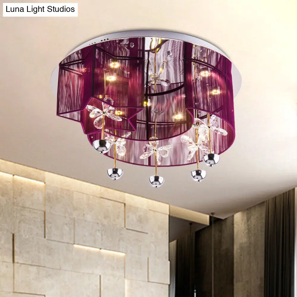 Modern Led Flushmount Ceiling Light With Crystal Decor - Red/Silver Fabric Crescent And Star Design