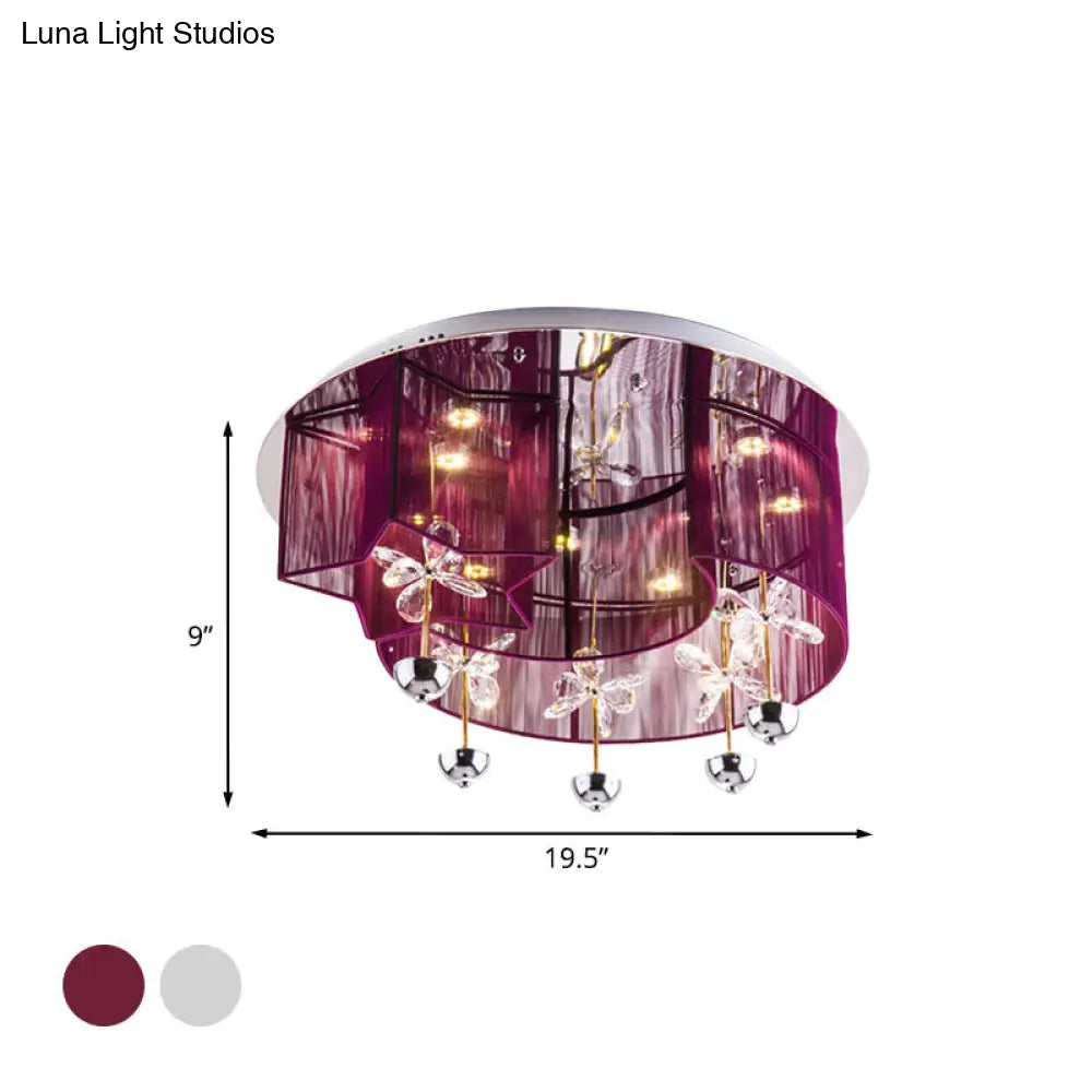 Modern Led Flushmount Ceiling Light With Crystal Decor - Red/Silver Fabric Crescent And Star Design