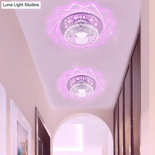 Modern Led Flushmount Ceiling Light With Stainless Steel Frame And Clear Crystal Shade / Pink