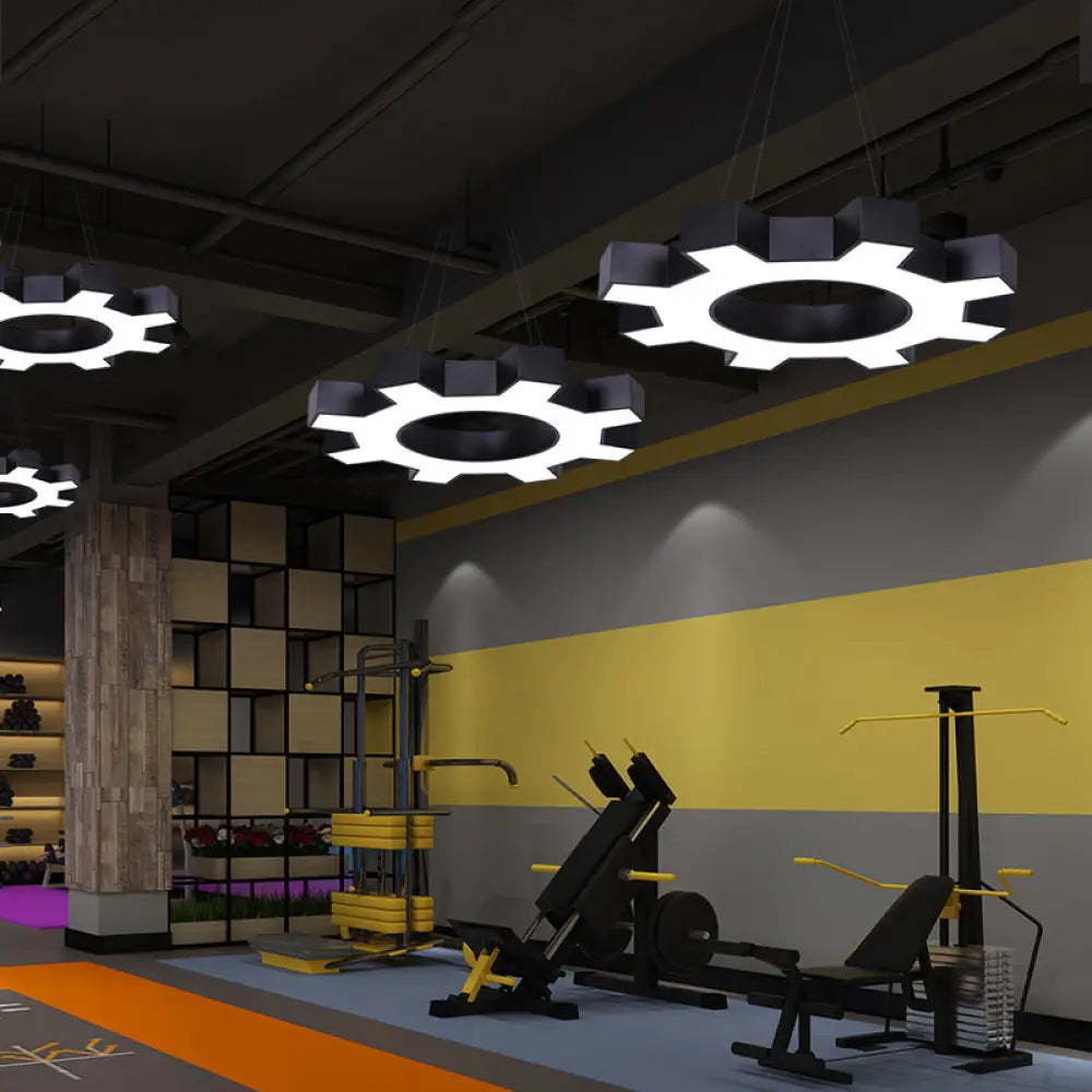 Modern Led Gear Shaped Gym Pendant Lighting: Metallic & Stylish Hanging Light Fixture Black / 23.5’