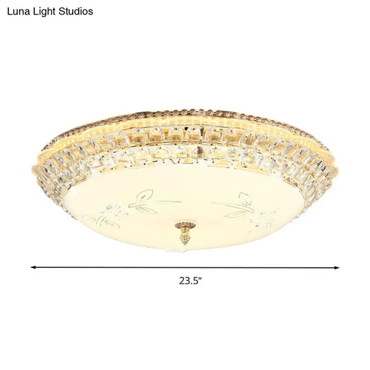 Modern Led Gold Flush Mount Ceiling Light With Crystal Accents Dome White Glass 12’/16’/19.5’ W