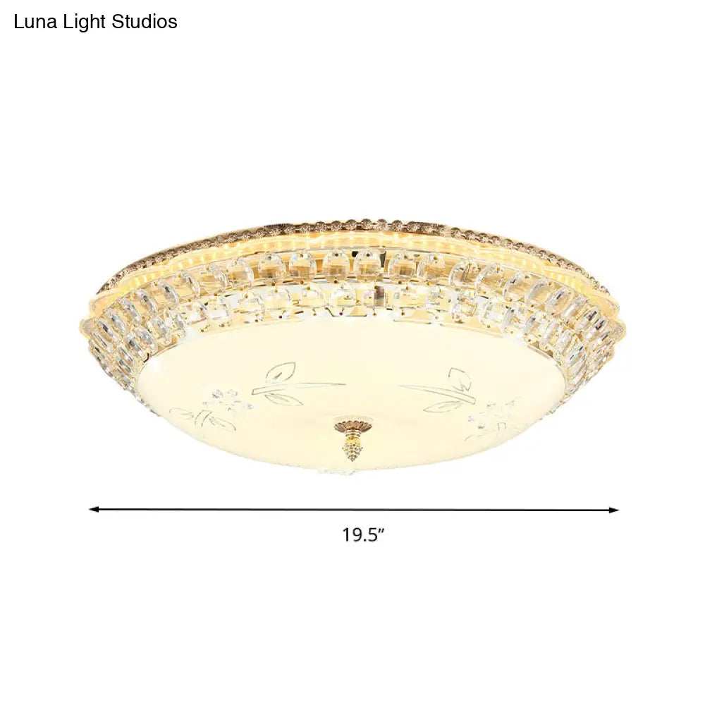 Modern Led Gold Flush Mount Ceiling Light With Crystal Accents Dome White Glass 12/16/19.5 W