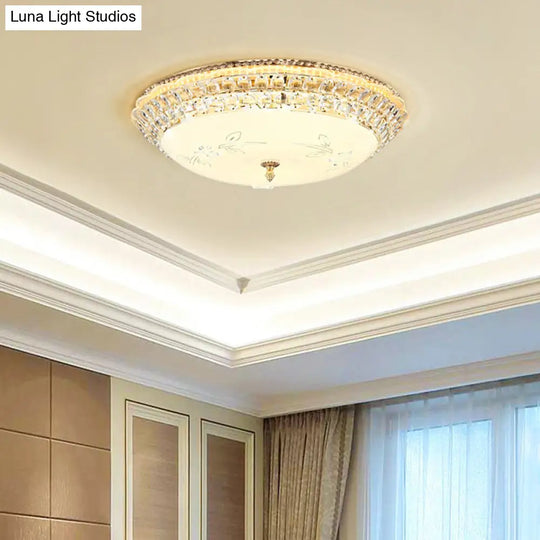 Modern Led Gold Flush Mount Ceiling Light With Crystal Accents Dome White Glass 12’/16’/19.5’ W