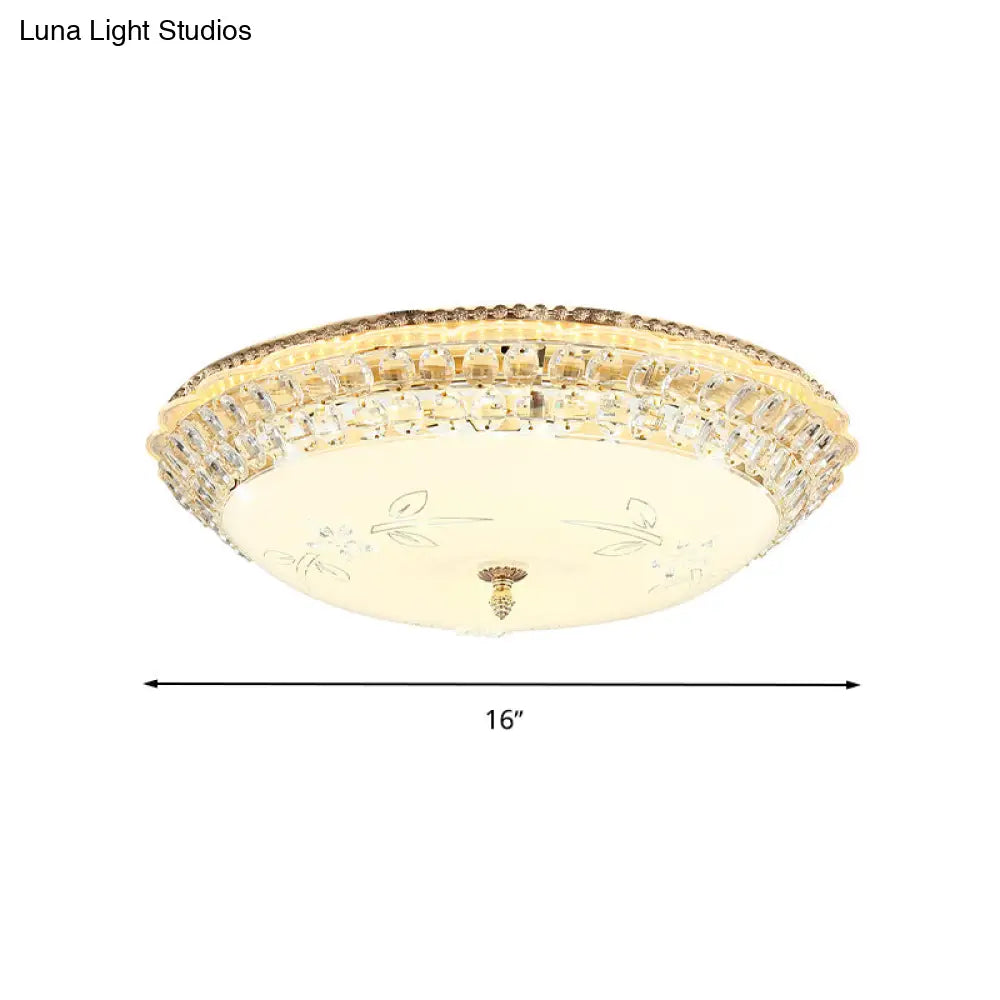 Modern Led Gold Flush Mount Ceiling Light With Crystal Accents Dome White Glass 12’/16’/19.5’ W