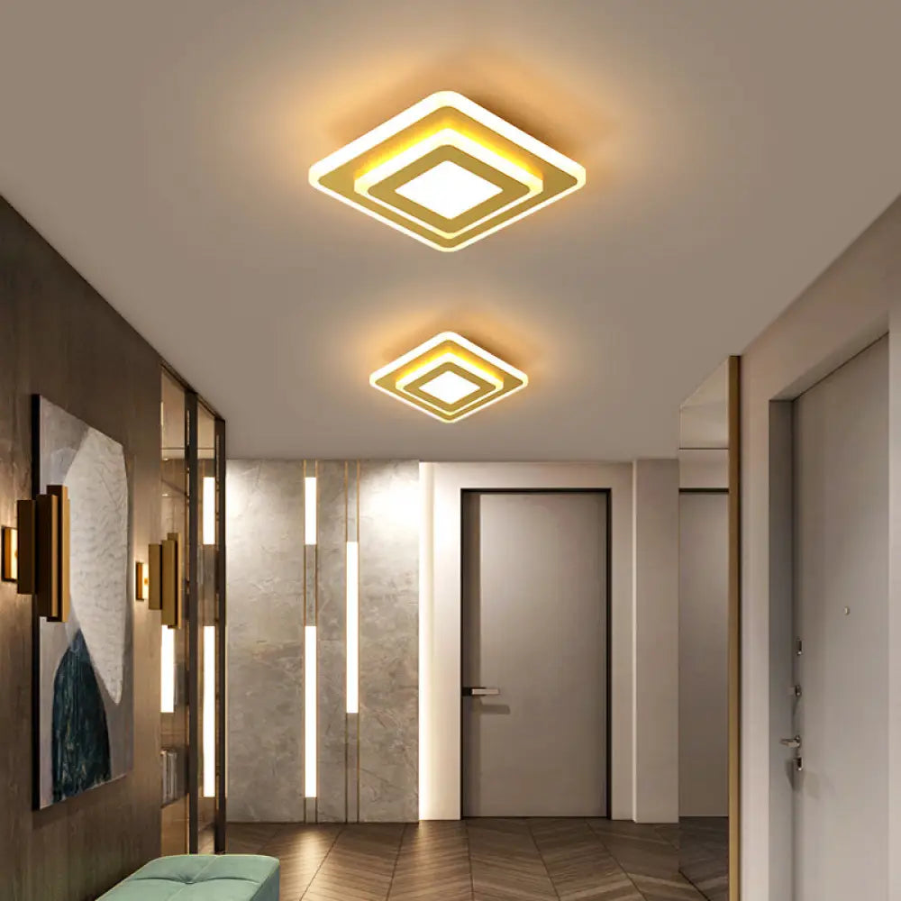 Modern Led Gold Plated Geometrical Ceiling Light For Hallway / Warm Square Plate