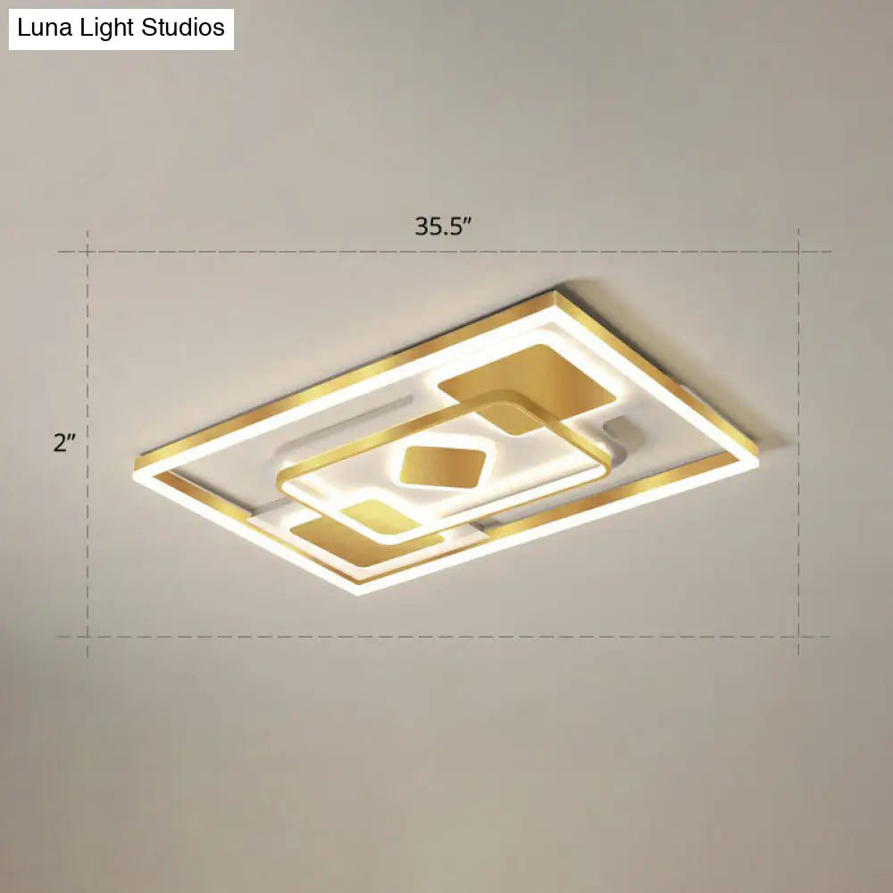 Modern Led Gold Rectangular Flush Mount Ceiling Light With Acrylic Shade / 35.5 Remote Control