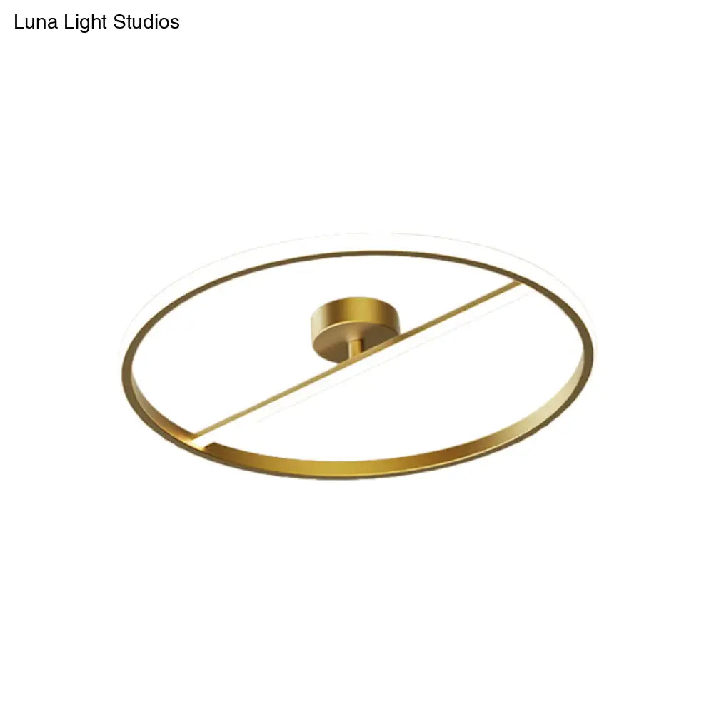 Modern Led Gold Semi-Flush Ceiling Light Fixture With Ring And Linear Metal Design Warm/White