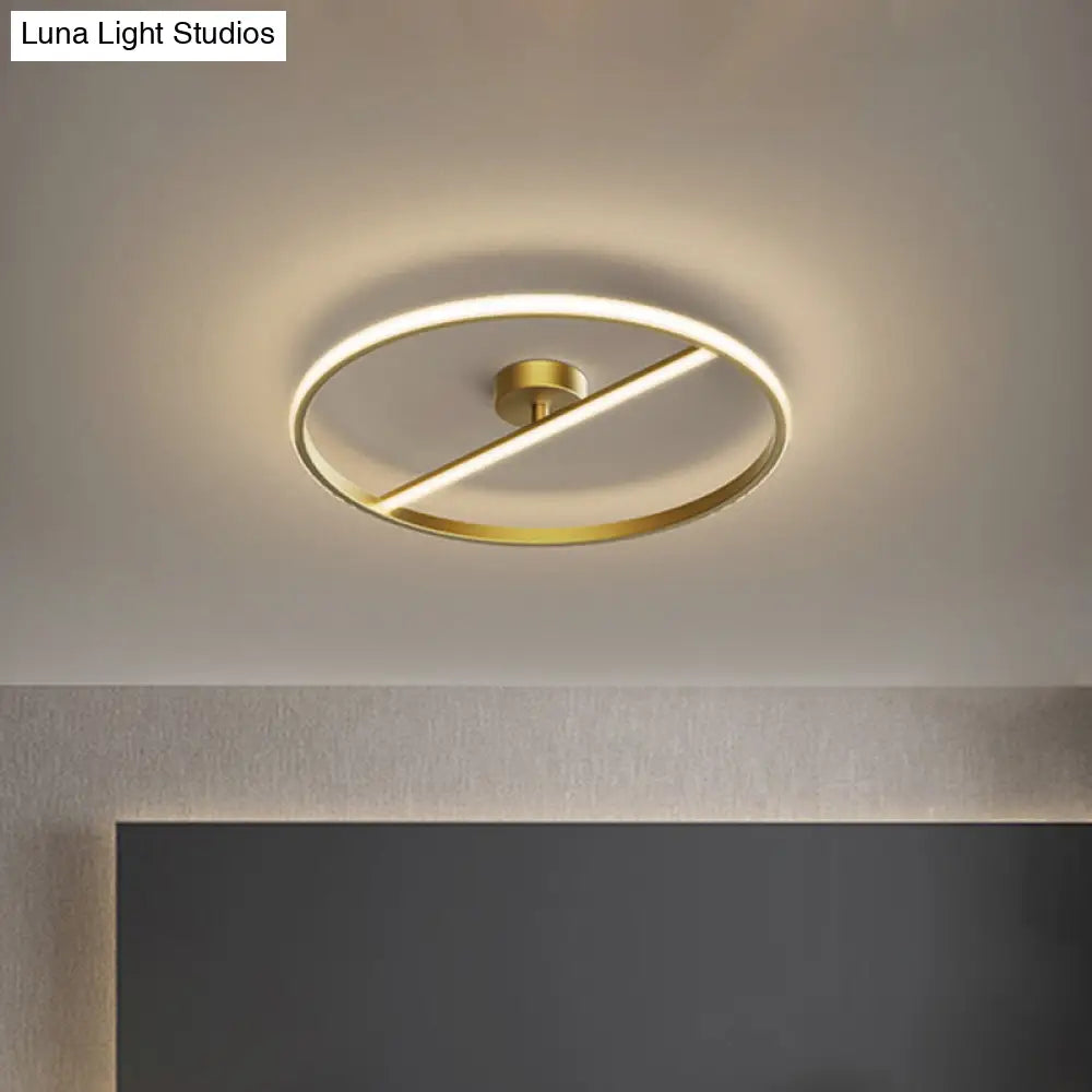 Modern Led Gold Semi-Flush Ceiling Light Fixture With Ring And Linear Metal Design Warm/White