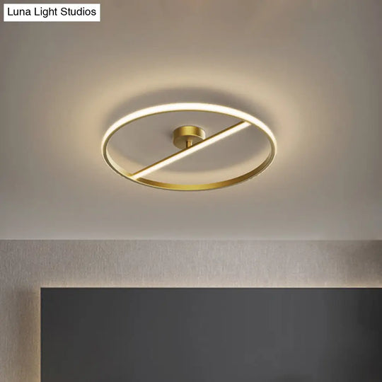 Modern Led Gold Semi-Flush Ceiling Light Fixture With Ring And Linear Metal Design Warm/White