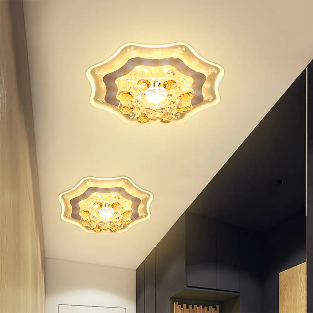 Modern Led Hallway Flush Mount Light With Chrome Ceiling Finish And Bloom Faceted Crystal Shade