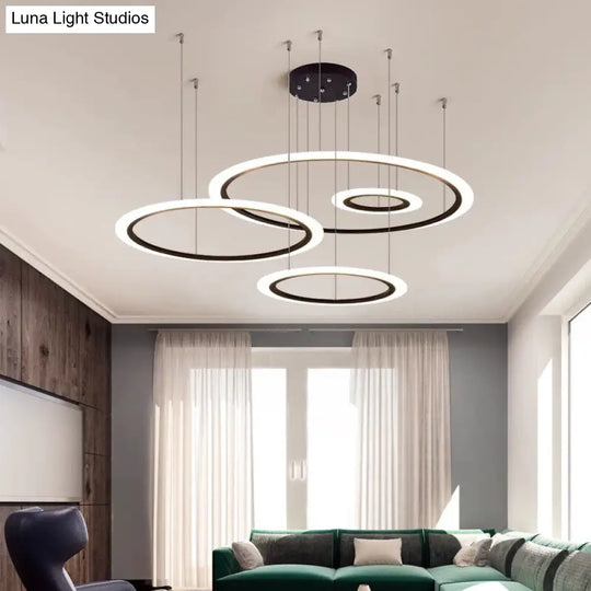 Modern Led Chandelier: Black 3/4 Tiered Halo Ring Design With Acrylic Shade