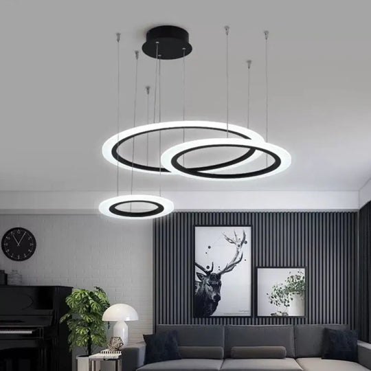 Modern Led Hanging Chandelier - Black Tiered Halo Ring Design With Acrylic Shade / 3 Tiers