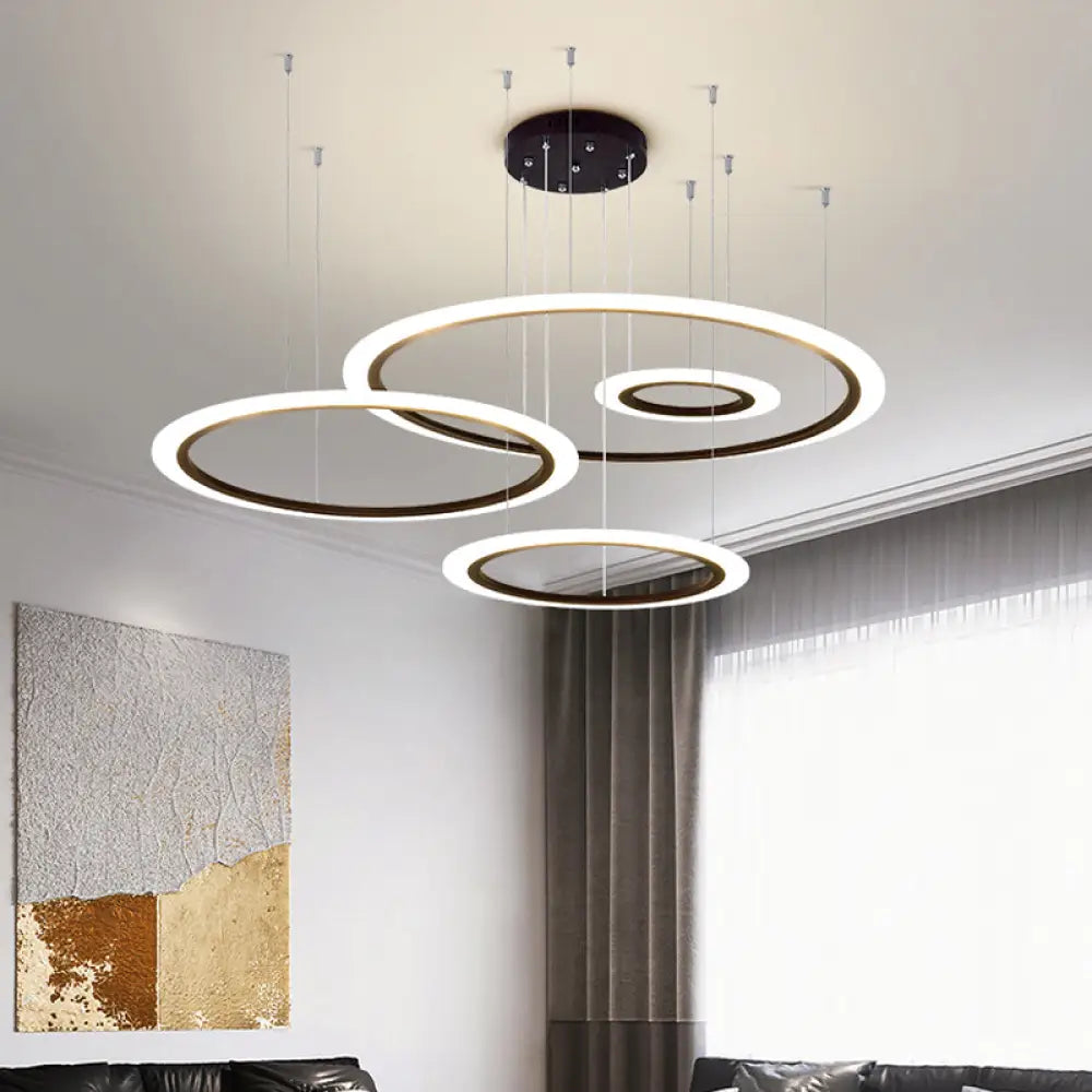 Modern Led Hanging Chandelier - Black Tiered Halo Ring Design With Acrylic Shade / 4 Tiers