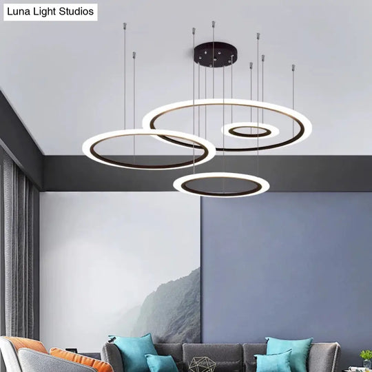 Modern Led Chandelier: Black 3/4 Tiered Halo Ring Design With Acrylic Shade