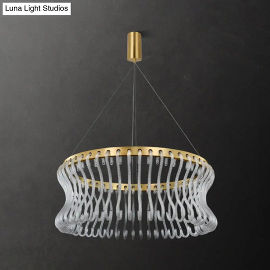 Modern Led Hanging Chandelier - Gold Finish Round Ceiling Light With Crystal Rod Shade