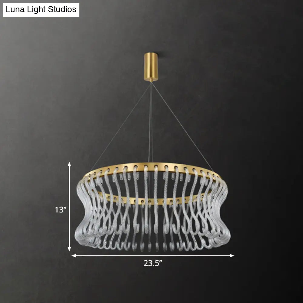 Modern Led Hanging Chandelier - Gold Finish Round Ceiling Light With Crystal Rod Shade