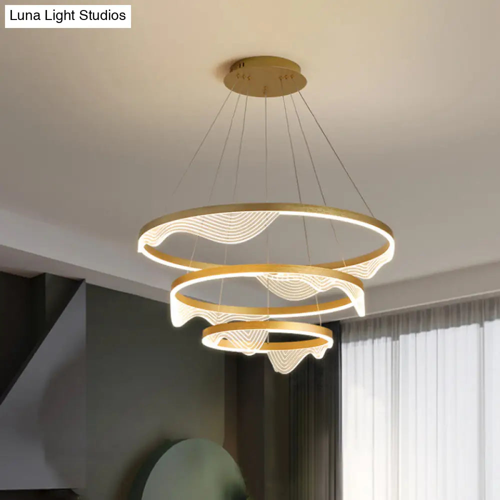 Modern Led Hanging Pendant Chandelier - Gold 2/3 Tiered Wavy-Edge Acrylic Shade