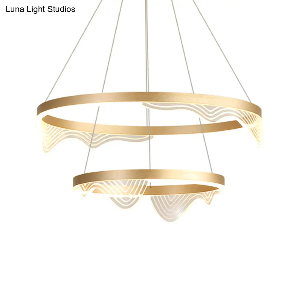 Modern Led Hanging Pendant Chandelier - Gold 2/3 Tiered Wavy-Edge Acrylic Shade