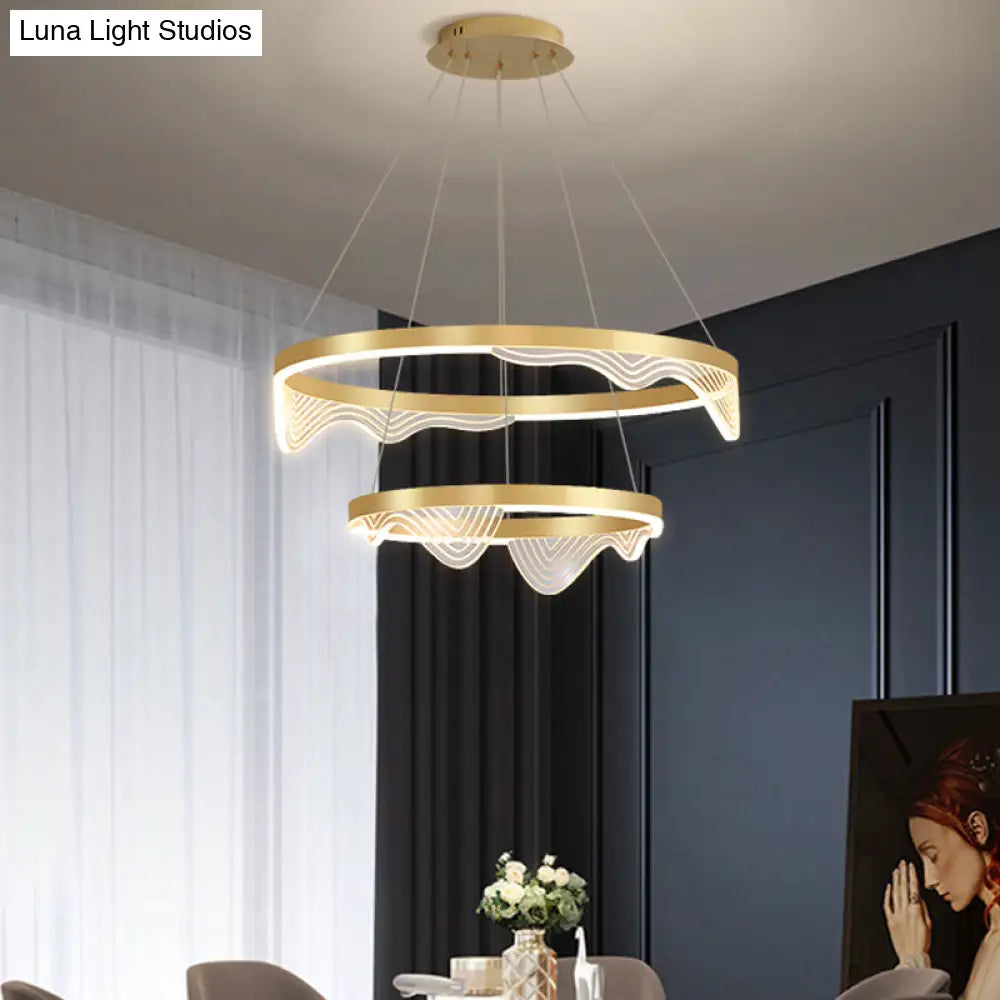 Modern Led Hanging Pendant Chandelier - Gold 2/3 Tiered Wavy-Edge Acrylic Shade