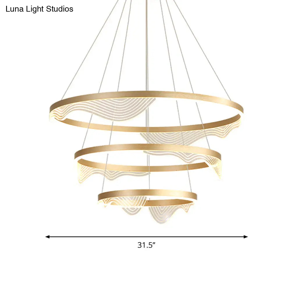 Modern Led Hanging Pendant Chandelier - Gold 2/3 Tiered Wavy-Edge Acrylic Shade