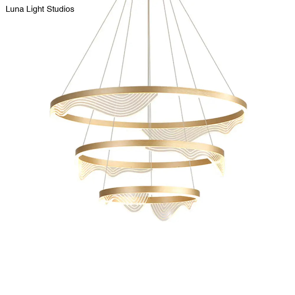 Modern Led Hanging Pendant Chandelier - Gold 2/3 Tiered Wavy-Edge Acrylic Shade