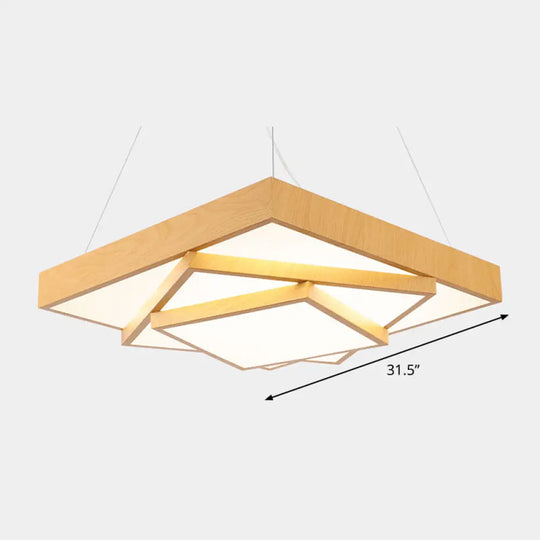 Modern Led Hanging Pendant Light - Tiered Square Design Wood & Metal Finish / 31.5 Natural