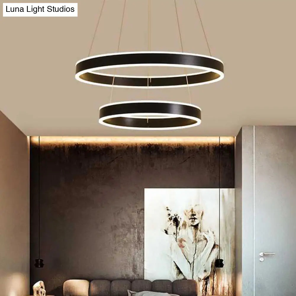 Modern Aluminum Led Pendant Chandelier For Bedroom Ceiling - 2/3-Tier Hoop Design In Black / 2 Tiers