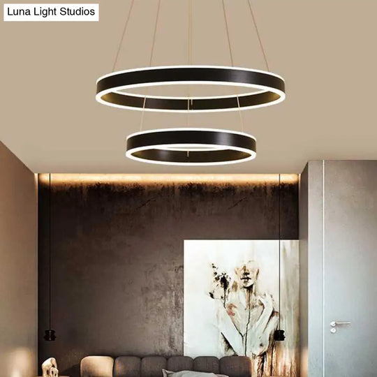 Modern Aluminum Led Pendant Chandelier For Bedroom Ceiling - 2/3-Tier Hoop Design In Black / 2 Tiers