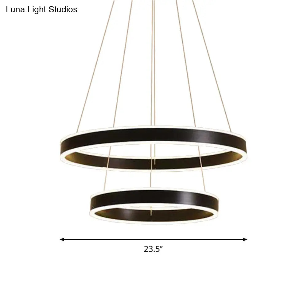 Modern Aluminum Led Pendant Chandelier For Bedroom Ceiling - 2/3-Tier Hoop Design In Black