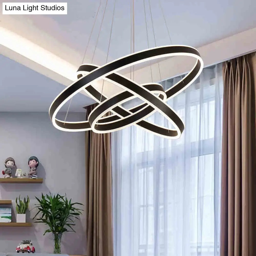 Modern Aluminum Led Pendant Chandelier For Bedroom Ceiling - 2/3-Tier Hoop Design In Black