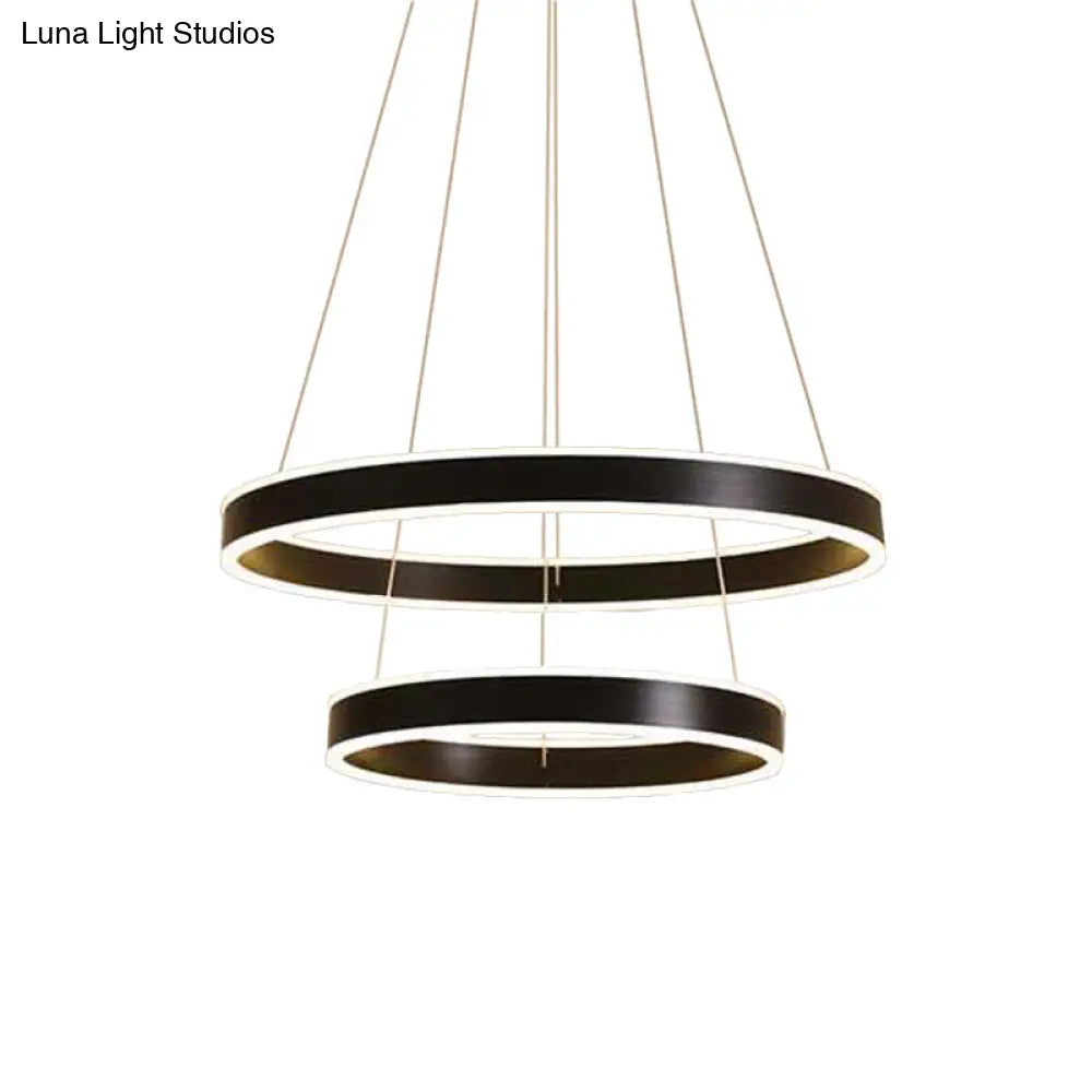 Modern Aluminum Led Pendant Chandelier For Bedroom Ceiling - 2/3-Tier Hoop Design In Black