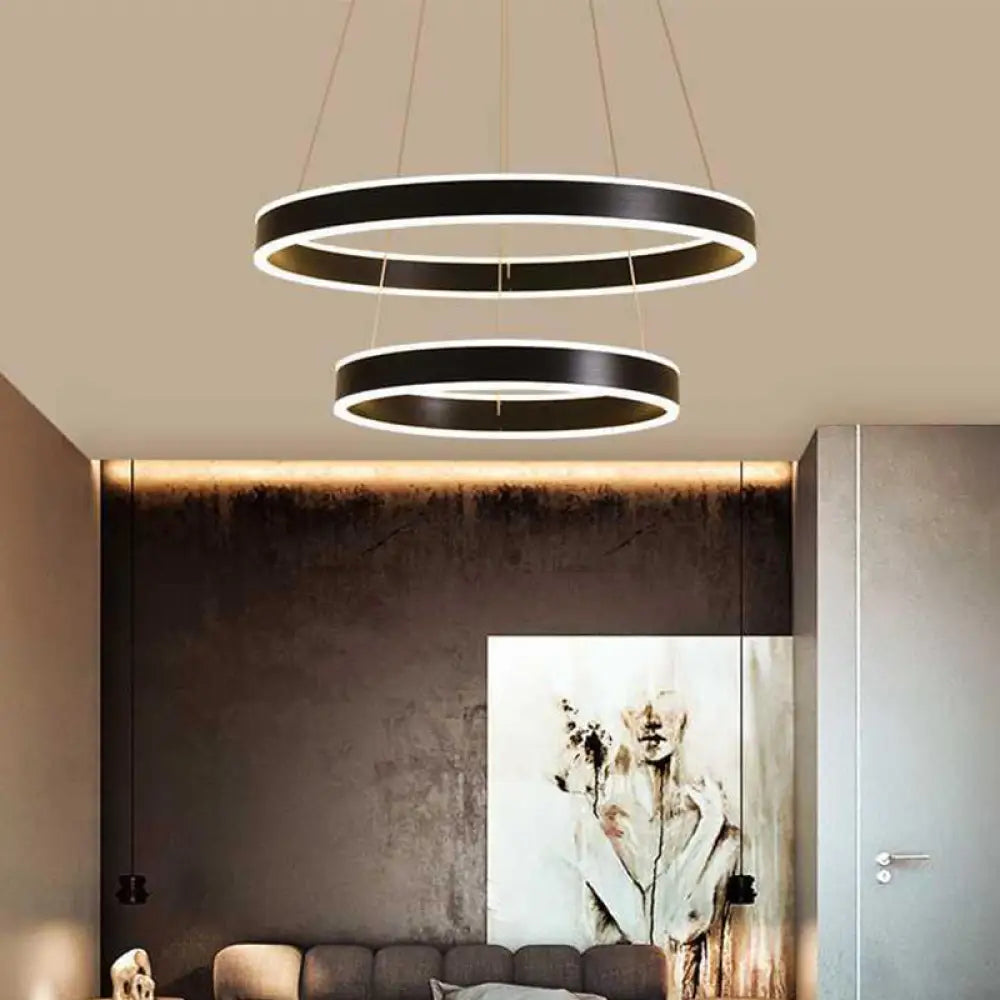 Modern Led Hoop Hanging Chandelier 2/3-Tier Aluminum Black / 2 Tiers