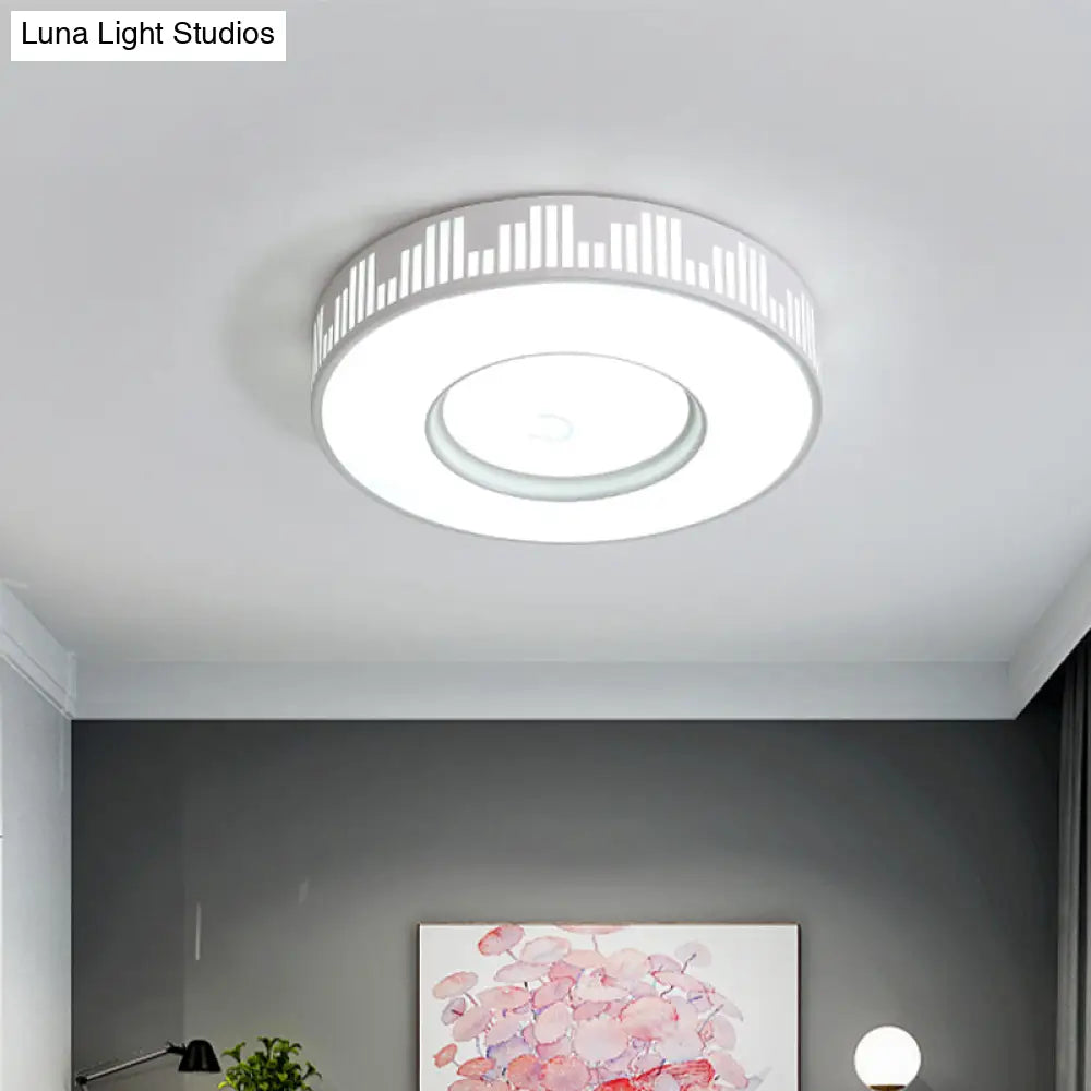 Modern Led Iron Flush Light Fixture - White Drum Ceiling Mount With Piano Key Pattern In