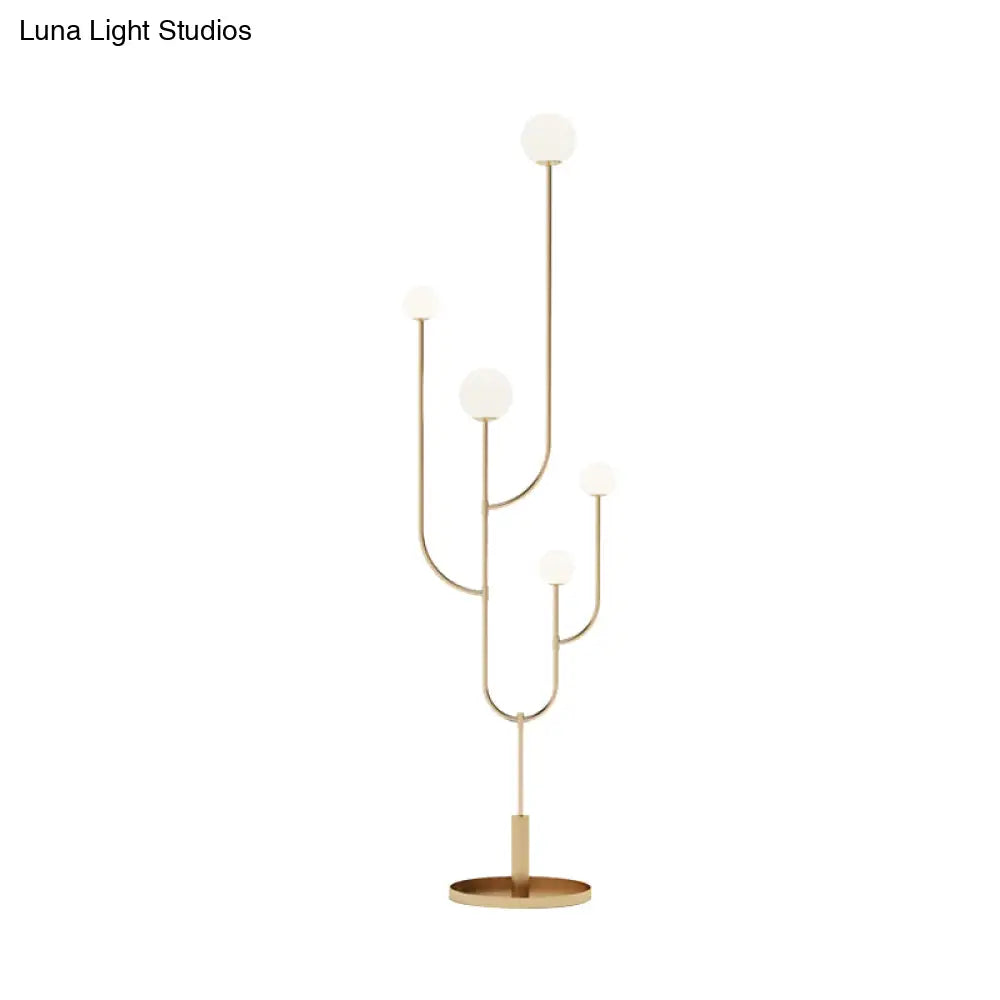 Modern Led Macaron Cactus Floor Reading Lamp With Opal Glass Shade In Brass