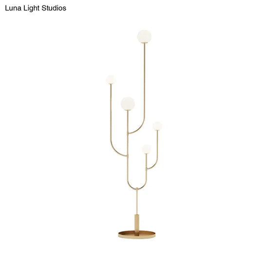 Modern Led Macaron Cactus Floor Reading Lamp With Opal Glass Shade In Brass