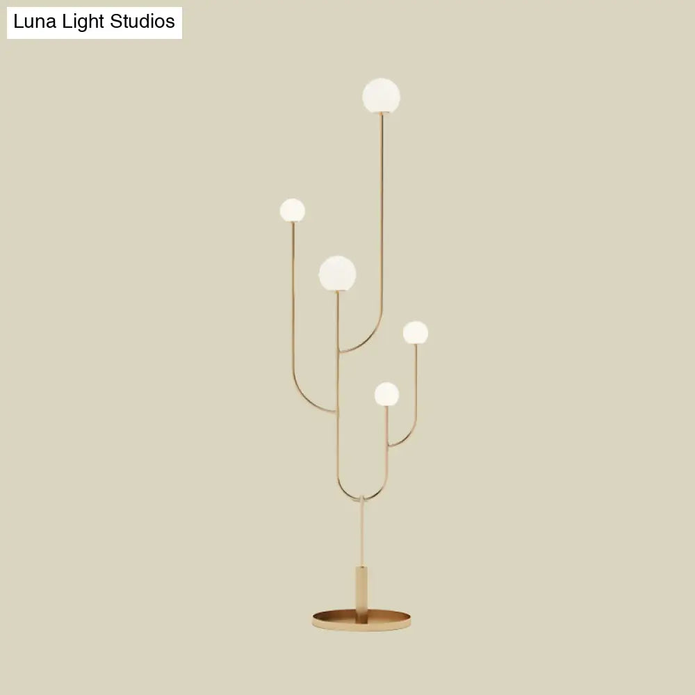 Modern Led Macaron Cactus Floor Reading Lamp With Opal Glass Shade In Brass