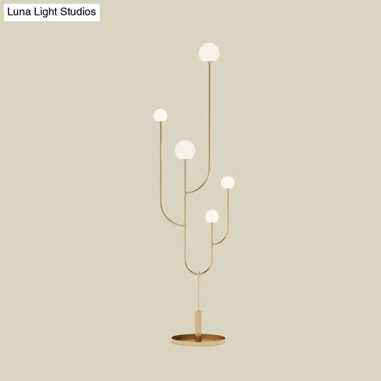 Modern Led Macaron Cactus Floor Reading Lamp With Opal Glass Shade In Brass