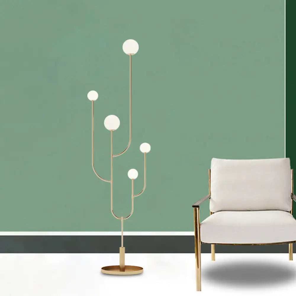 Modern Led Macaron Cactus Floor Reading Lamp With Opal Glass Shade In Brass