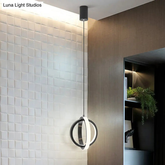 Modern Led Mini Pendant - Black/White Crossed Ring Down Suspension Light With Metallic Shade