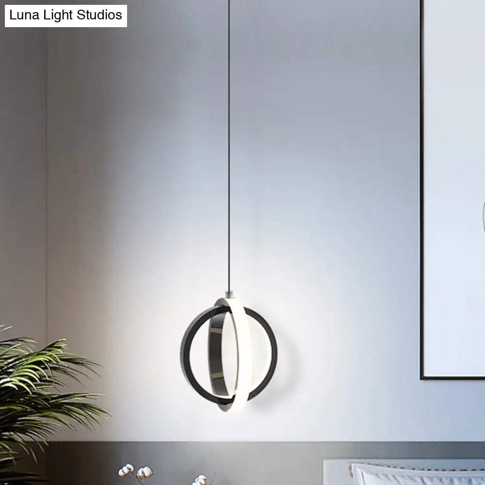 Modern Led Mini Pendant - Black/White Crossed Ring Down Suspension Light With Metallic Shade