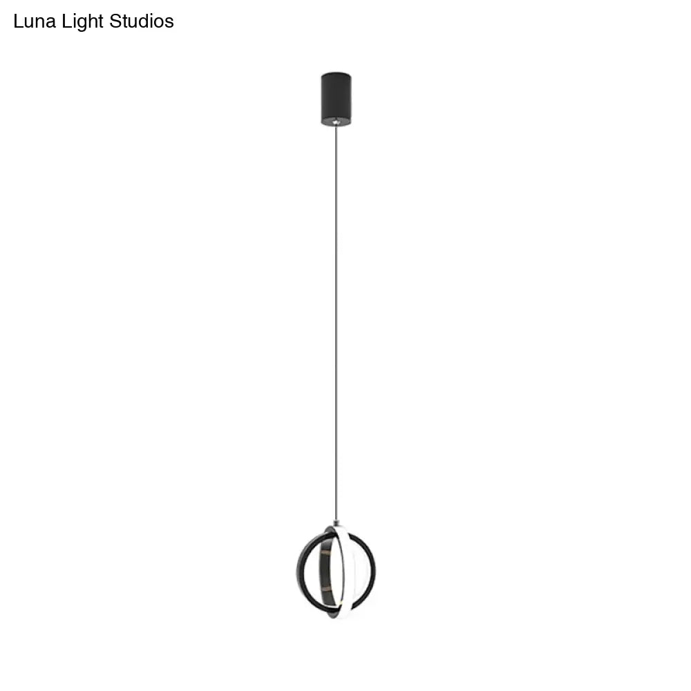 Modern Led Mini Pendant - Black/White Crossed Ring Down Suspension Light With Metallic Shade