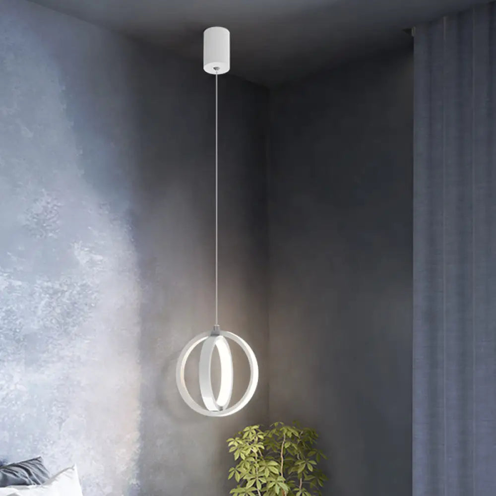 Modern Led Mini Pendant - Black/White Crossed Ring Down Suspension Light With Metallic Shade White