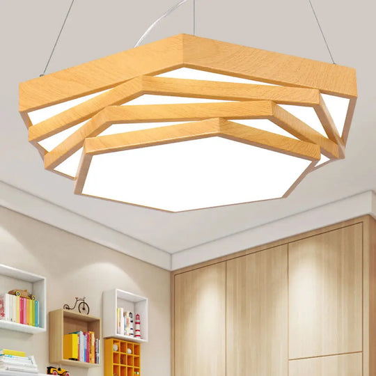 Modern Led Office Chandelier In Light Wood With Spiral Hexagon Acrylic Suspension Lighting / White