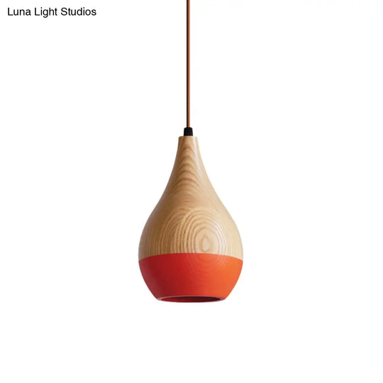 Modern Red/Yellow Led Pendant Lamp: 1-Light Dining Room Hanging Light With Teardrop Wood Shade