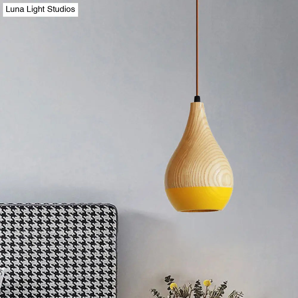 Modern Red/Yellow Led Pendant Lamp: 1-Light Dining Room Hanging Light With Teardrop Wood Shade