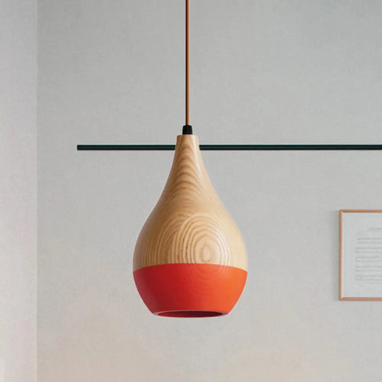 Modern Led Pendant Lamp - Red/Yellow Teardrop Wood Shade 1-Light Dining Room Hanging Light Red