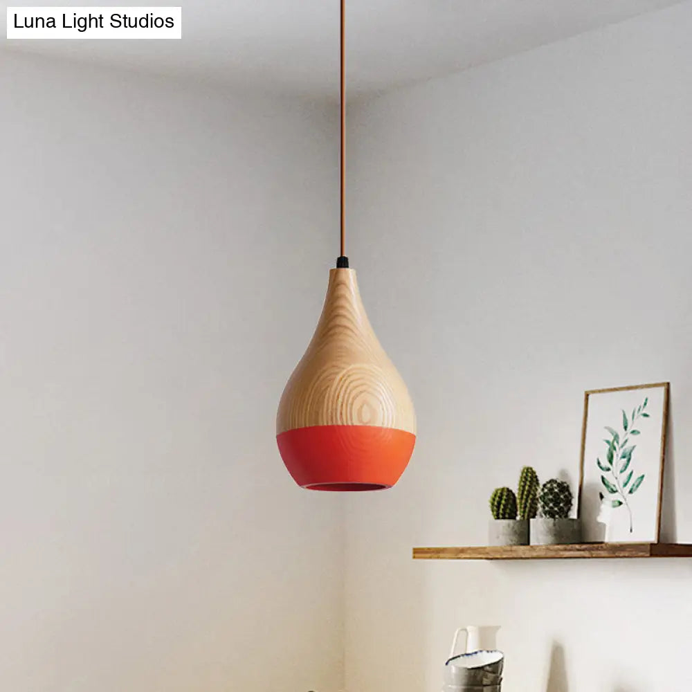 Modern Red/Yellow Led Pendant Lamp: 1-Light Dining Room Hanging Light With Teardrop Wood Shade