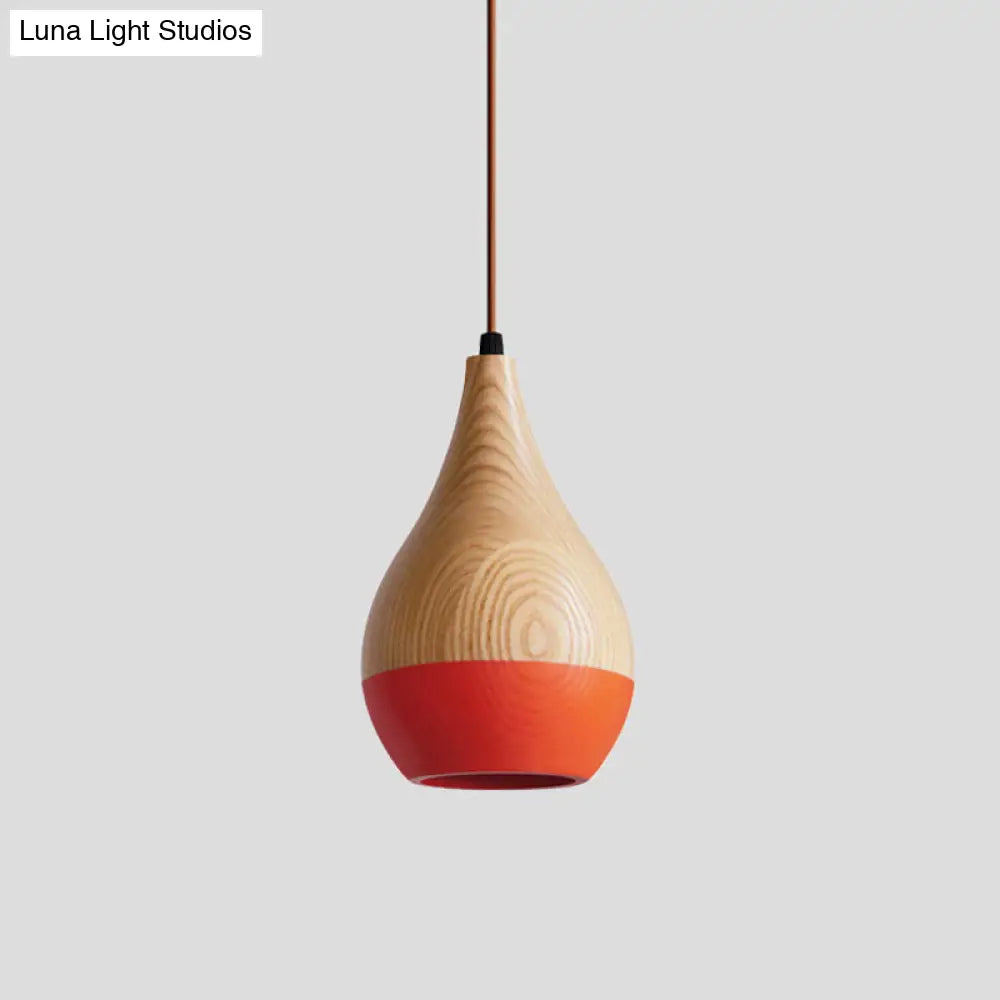 Modern Red/Yellow Led Pendant Lamp: 1-Light Dining Room Hanging Light With Teardrop Wood Shade